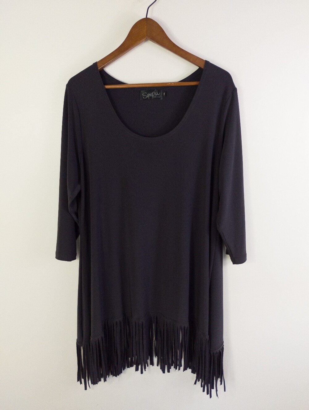 Sympli Grand Fringe Hem Tunic Top Matte Jersey 3/4 Sleeve Size 0G Plus